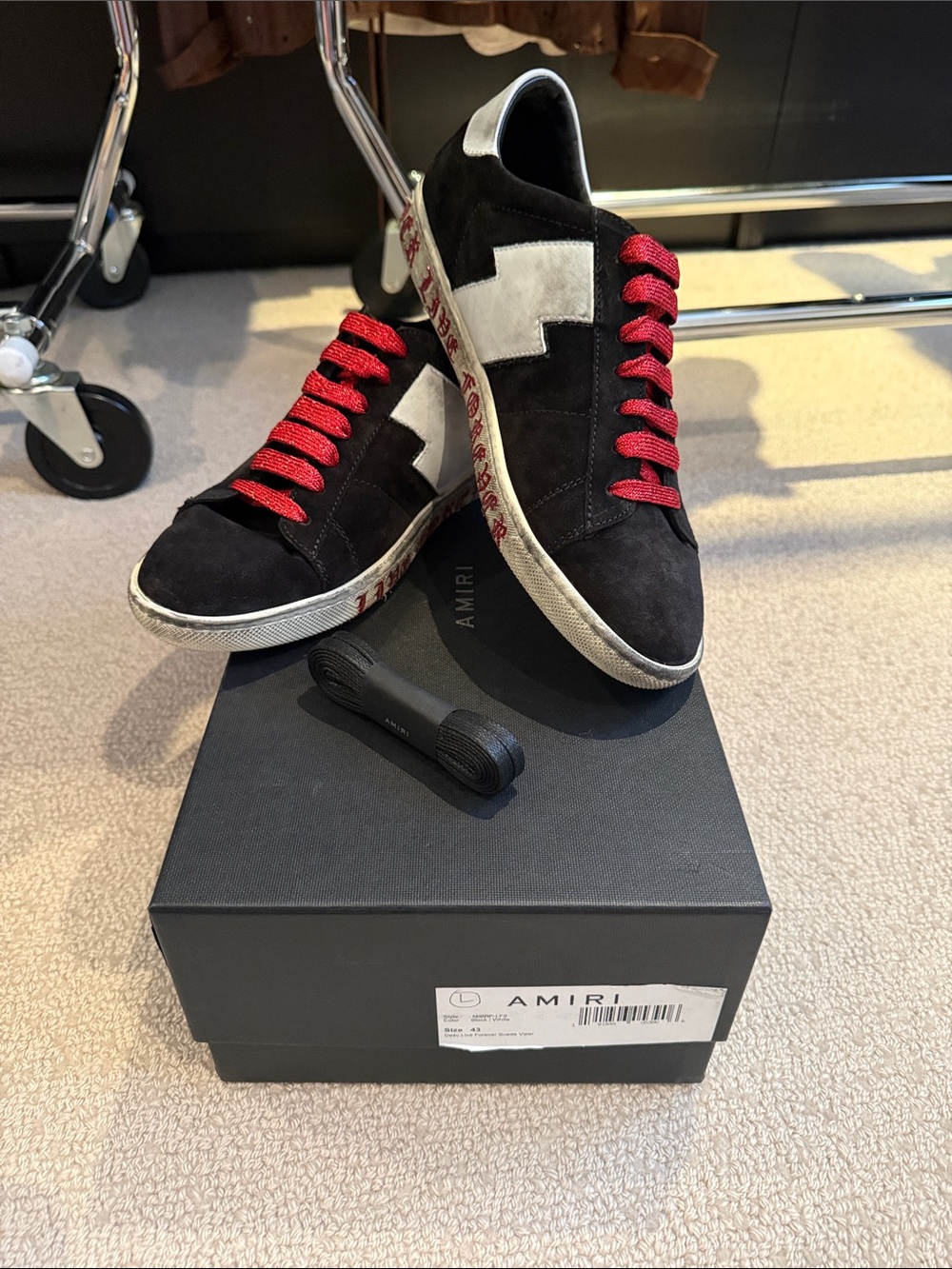 Size 43 /US 10 AMIRI Black Suede Low-Top Sneakers with White Star and Red Laces